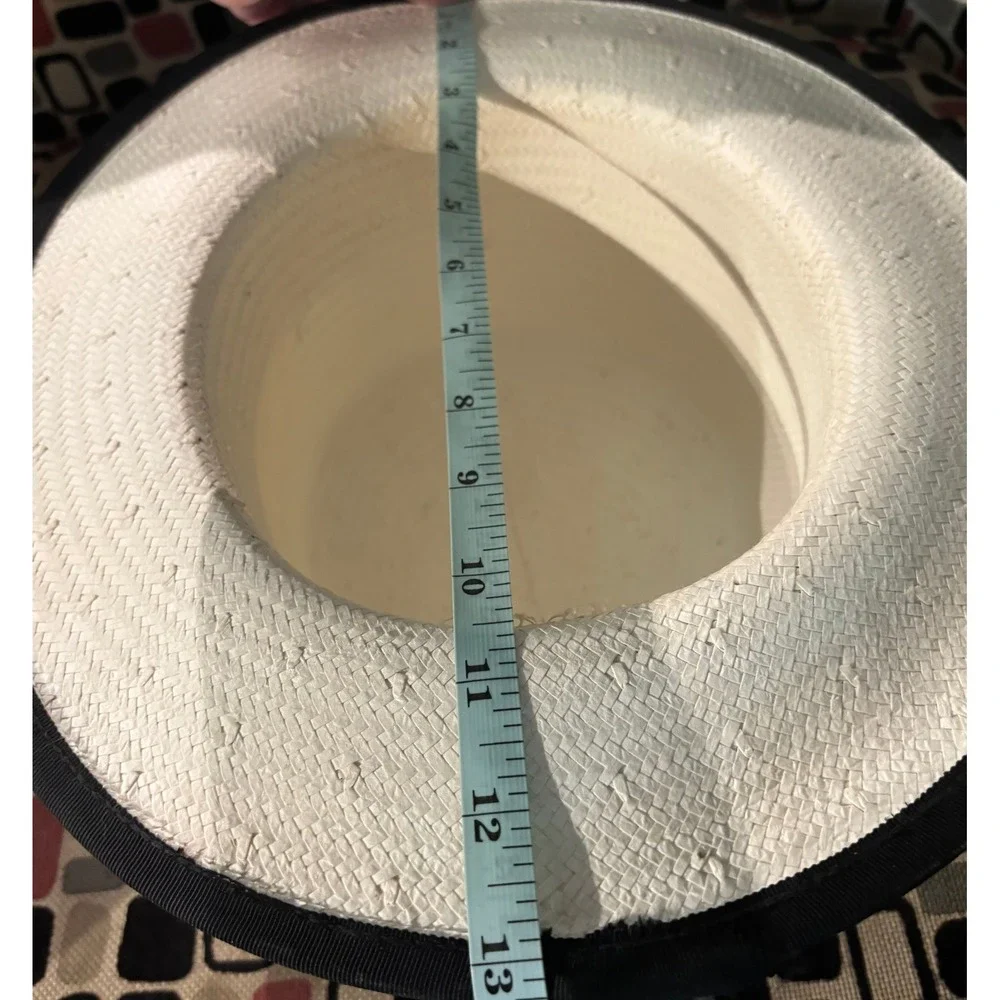 Vintage Cream Straw Boater Hat Black Ribbon Flower Wide Brim Sun Hat Tie Strap